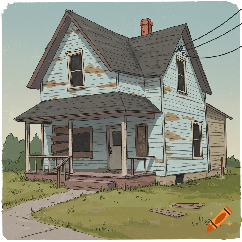 Illustration of a run-down light blue house with peeling paint, a porch, and a boarded-up window.