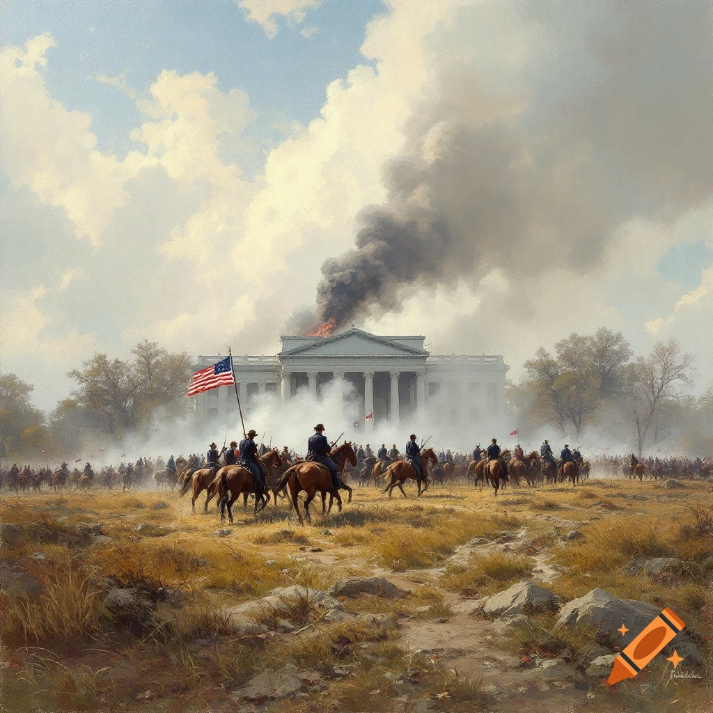 Historical painting of soldiers on horseback in a field with a building on fire in the background, flying a US flag.