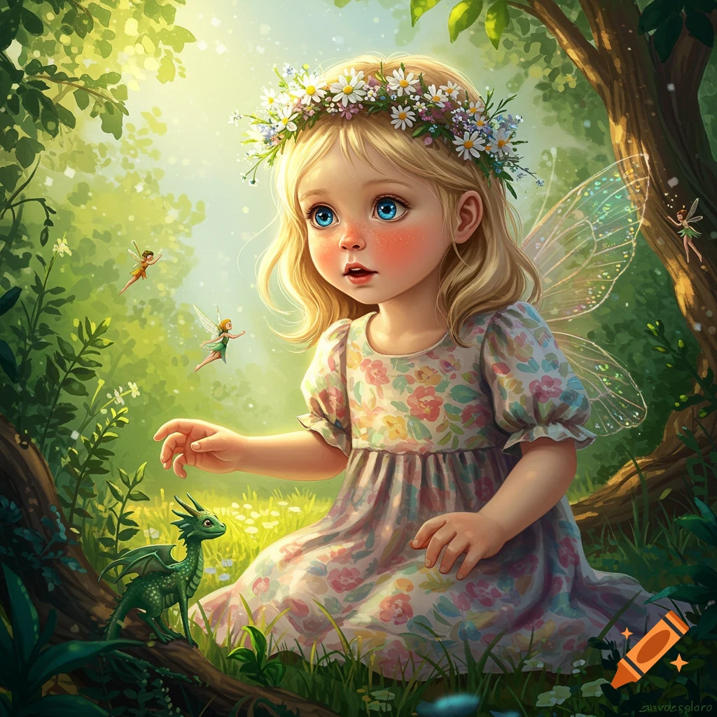 A young child with a flower crown sits in a sunlit forest with fairies and a tiny dragon in a fairytale illustration style.