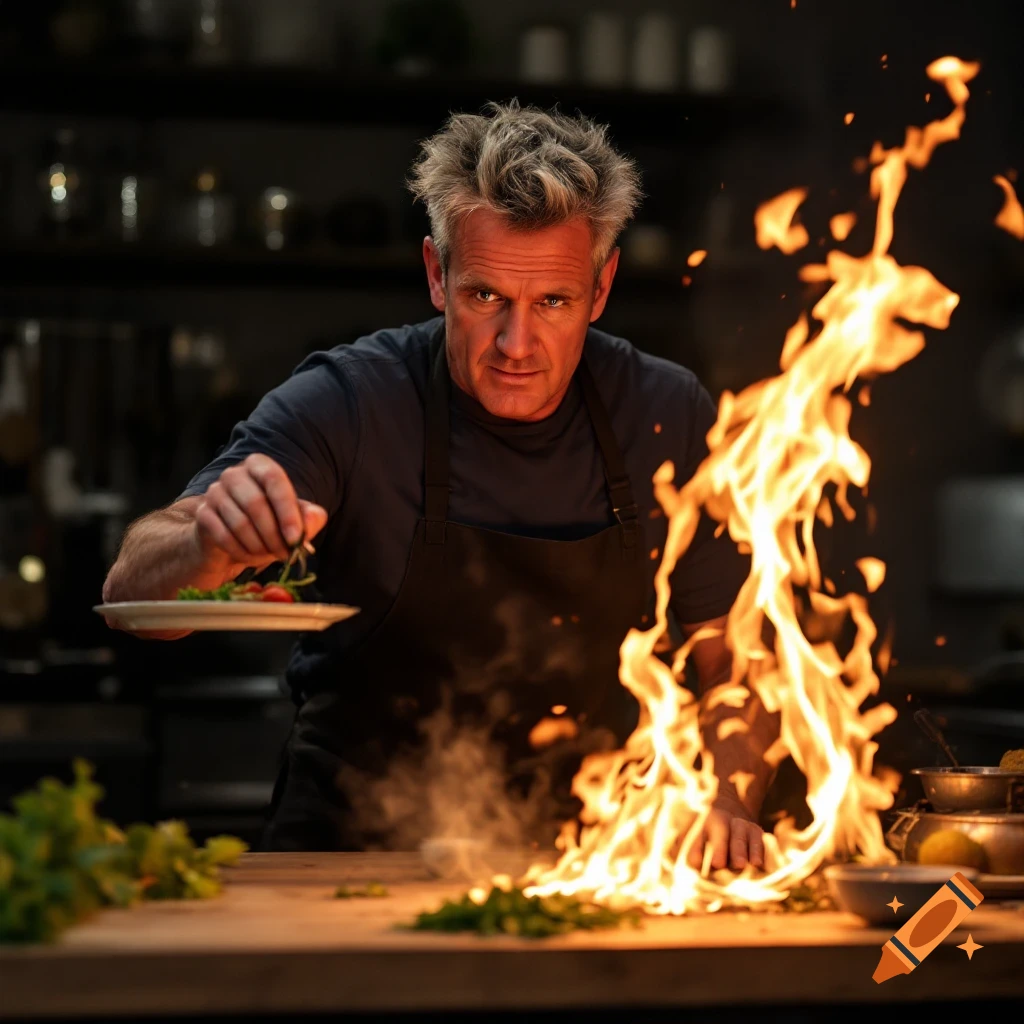 A chef resembling Gordon Ramsay cooks over a large flame in a kitchen, holding a plate with food.