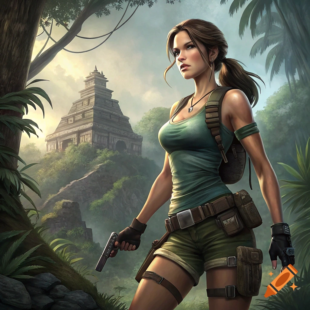 A woman in jungle gear with a pistol stands in a jungle clearing with ancient ruins in the background, digital art.