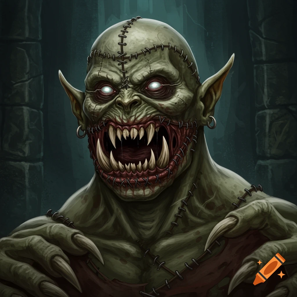 Close-up of a monstrous green creature with stitches, sharp teeth, and glowing eyes.