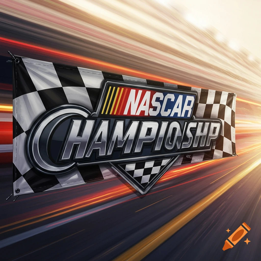 A NASCAR Championship banner with a checkered flag design and speed lines behind it.