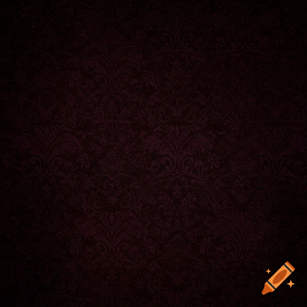 Dark burgundy background with a repeating gothic damask pattern.