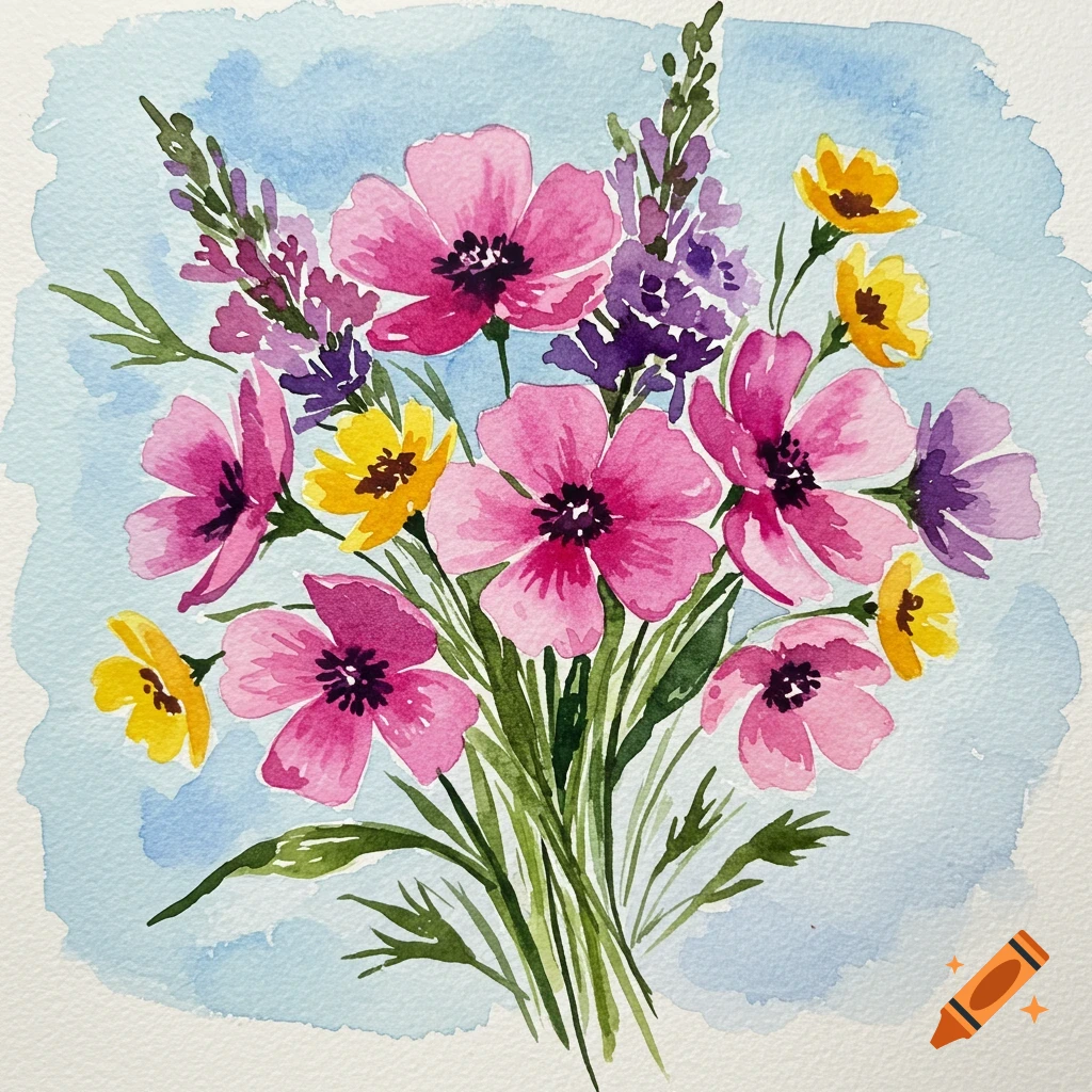 Watercolor painting of a bouquet of pink, purple, and yellow flowers.