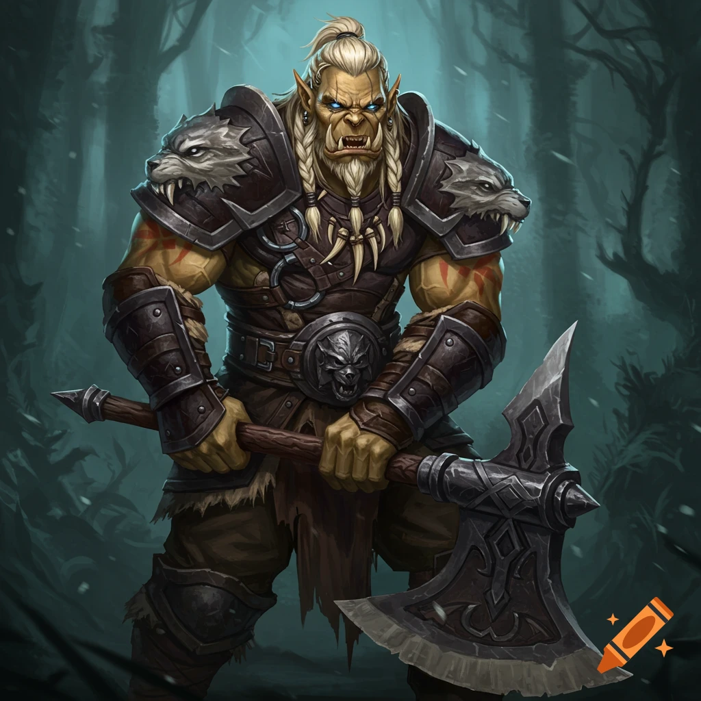 An Orc warrior in armor holds a large axe in a dark forest.