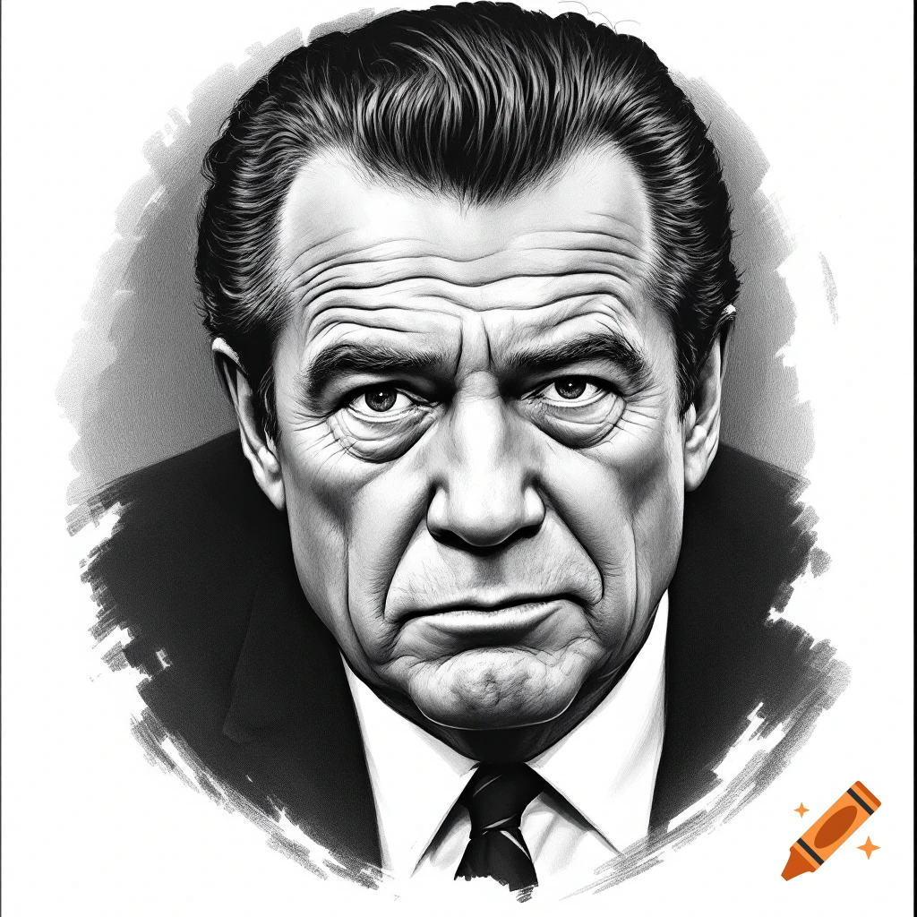 Black and white sketch portrait of Richard Nixon in a suit and tie.