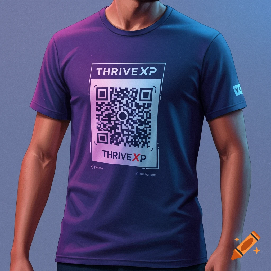 Person wearing a blue t-shirt with 'THRIVEXP' text and a QR code graphic design.