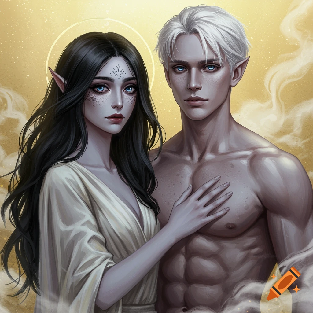 An illustration of a pale-skinned female elf with dark hair and a male elf with white hair standing together against a golden, ethereal background.