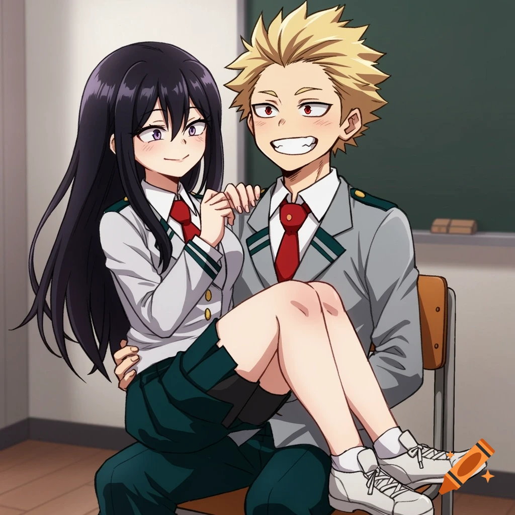 Anime illustration of a girl with long black hair sitting on a guy's lap in a classroom.
