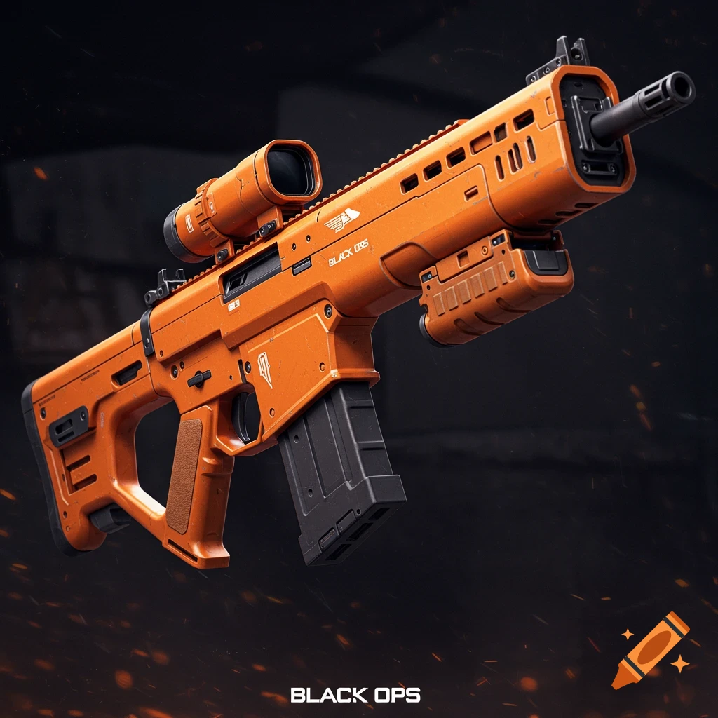 3D rendered view of an orange futuristic rifle with a scope and black parts.