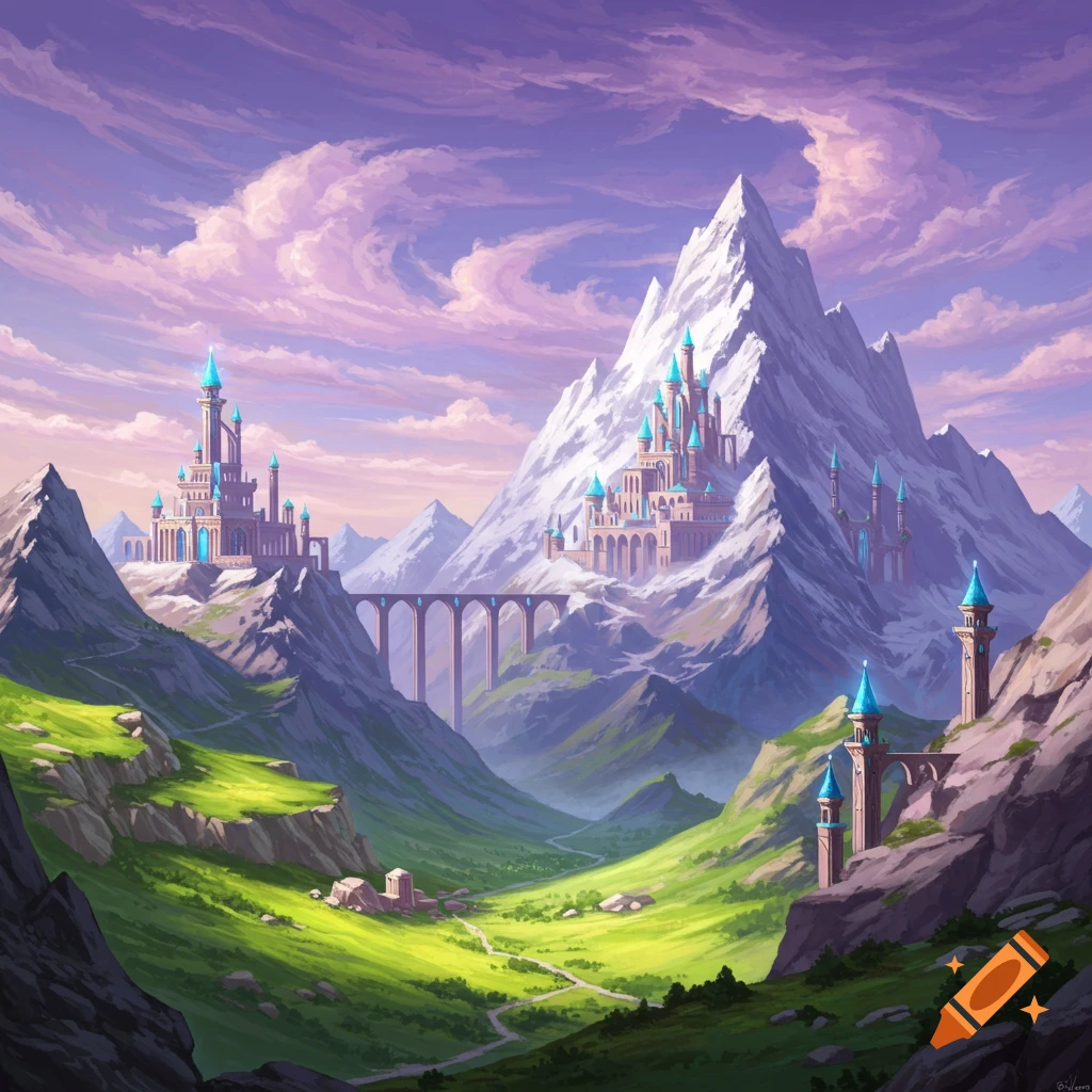 A fantasy landscape with castles on mountains, a bridge over a valley, and lush green hills.