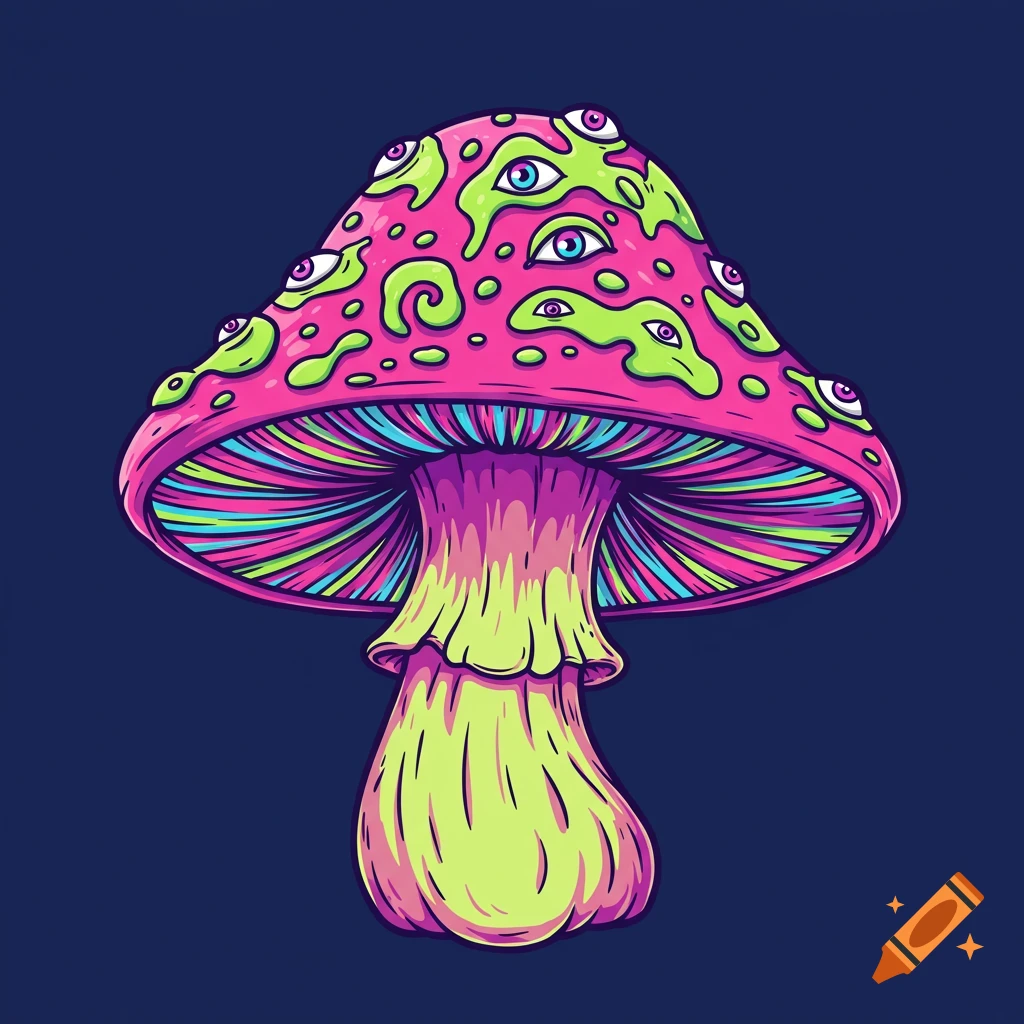 An illustration of a brightly colored, trippy mushroom character with many eyes on its cap, set against a dark blue background.