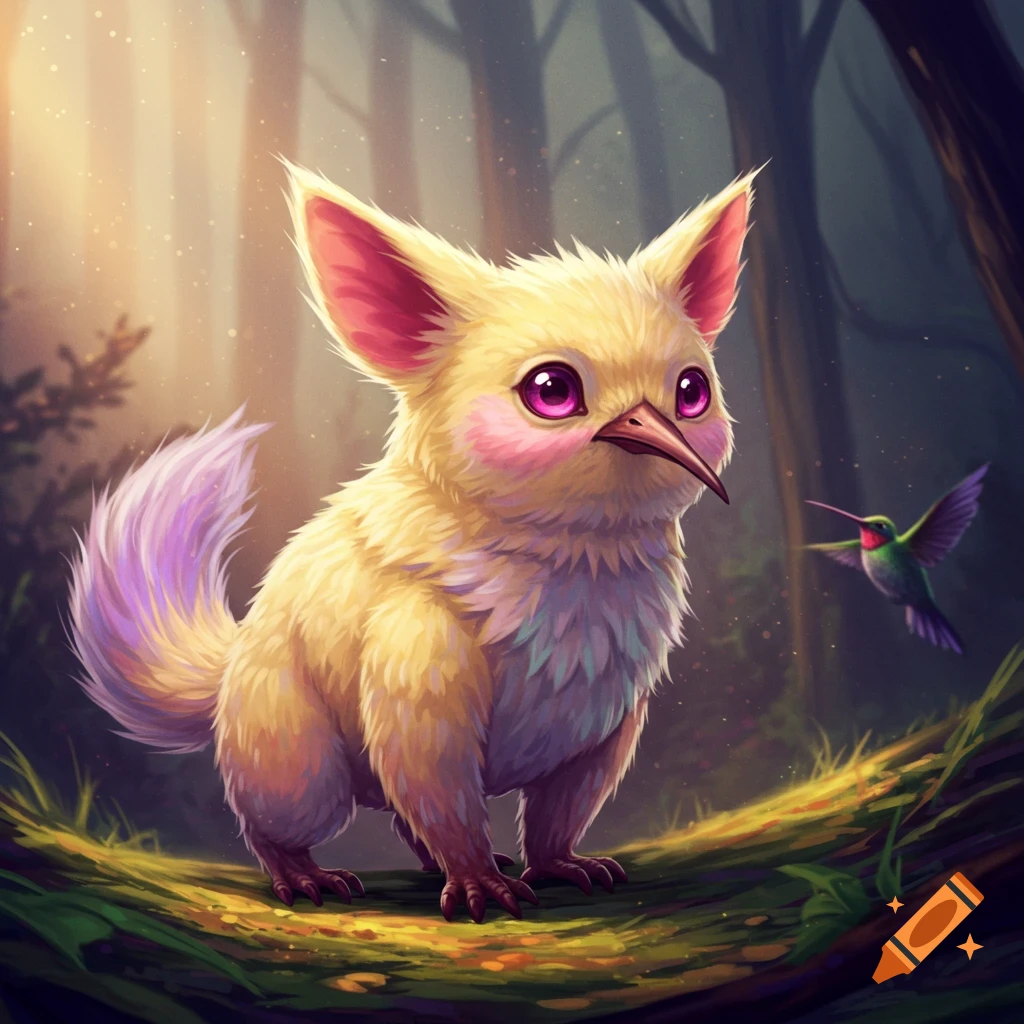 A fluffy yellow creature with pink eyes and a long beak sits on a log in a sunlit forest, looking at a hummingbird.