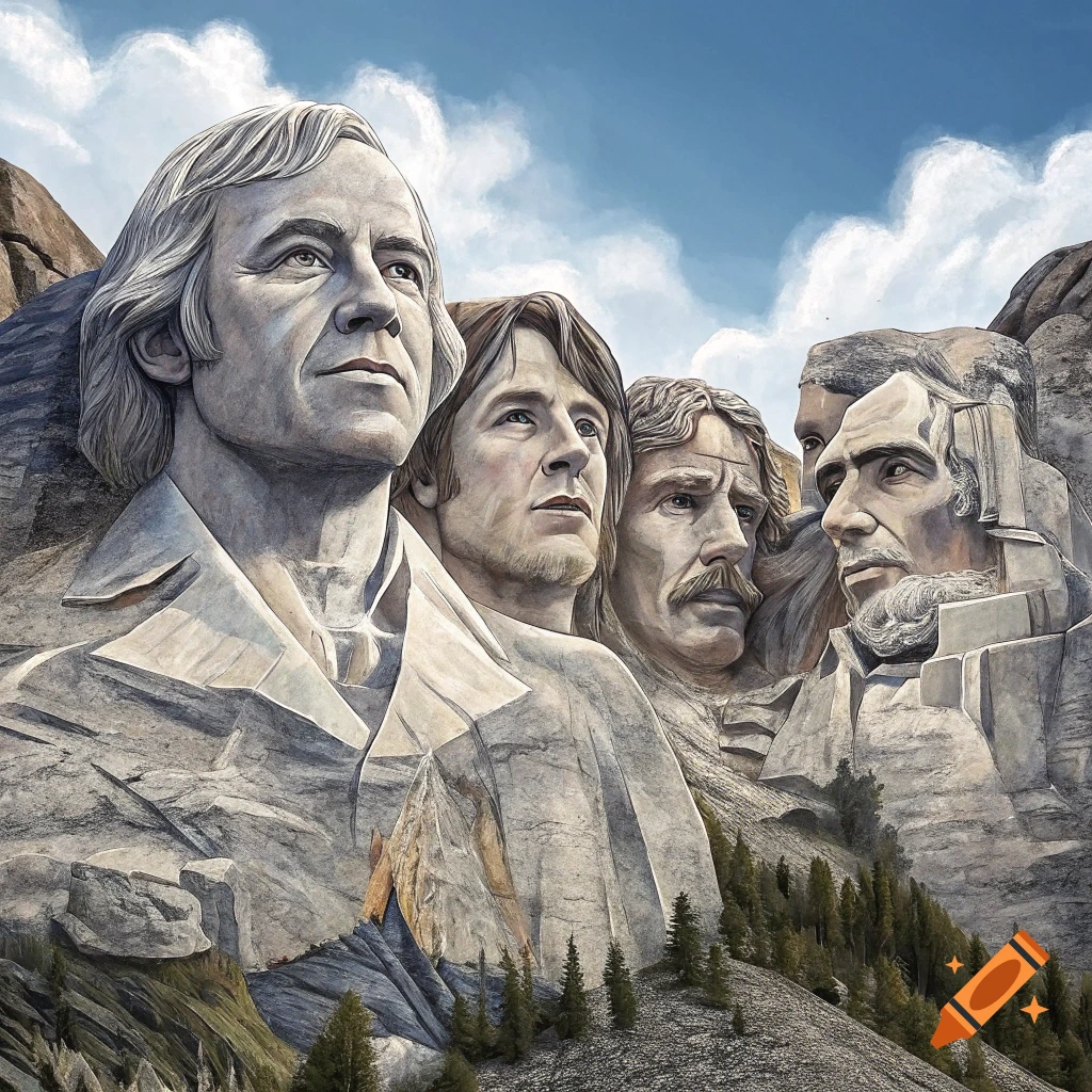 Stone monument of four faces carved into a mountain peak