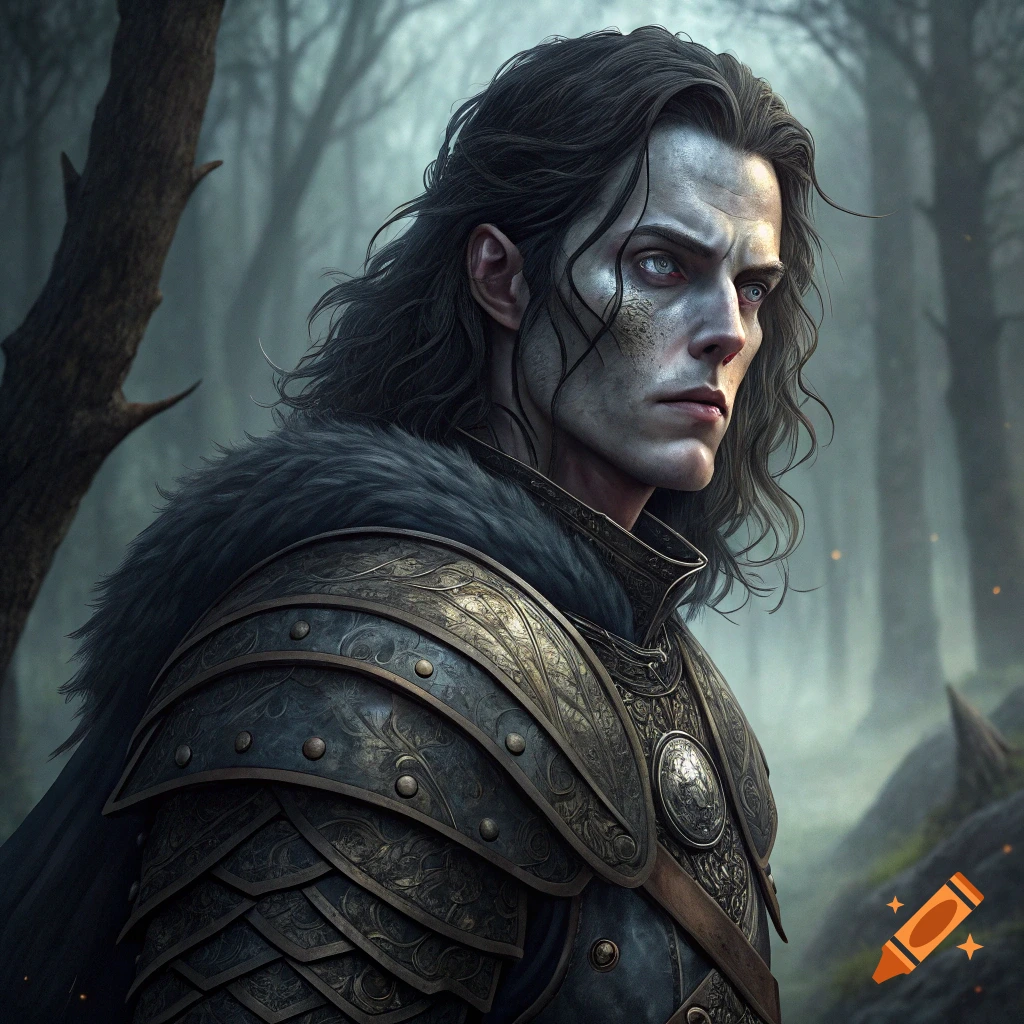 Fantasy portrait of a figure in ornate armor in a foggy forest