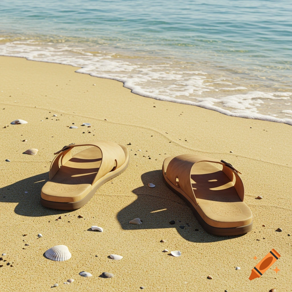 Photorealistic image of a pair of sandals on a sandy beach shore with the tide