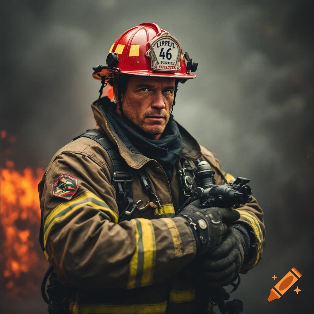 Photorealistic portrait of a male firefighter resembling Arnold Schwarzenegger, standing with gear against a backdrop of smoke and fire.