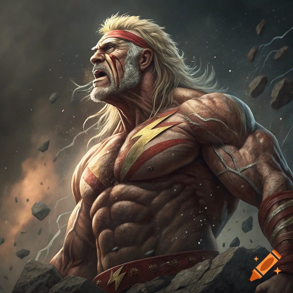Highly muscular man with blond hair and red headband roaring amidst falling rocks and lightning.