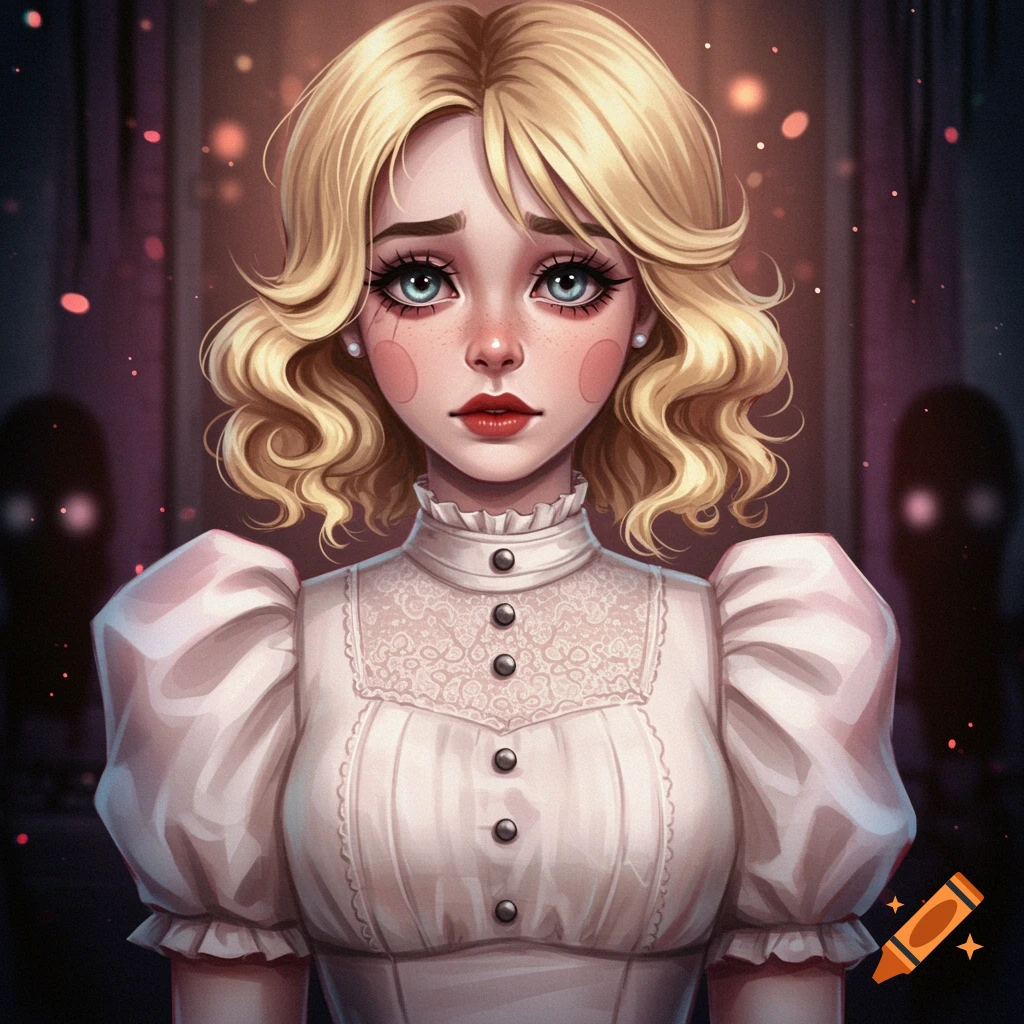 A stylized portrait of a doll-like girl with blonde hair and blue eyes, wearing a white dress.