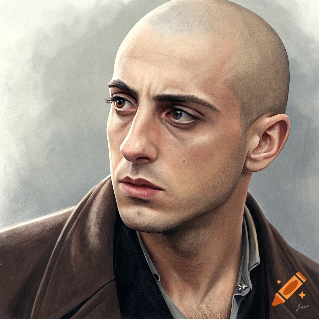 Painted portrait of a bald young man in a brown coat looking away.