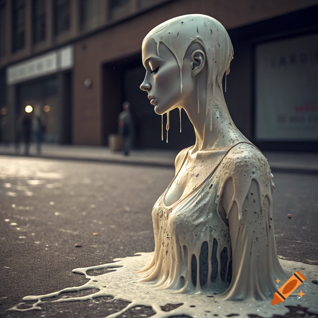A surreal melting figure resembling a mannequin stands on a city street.