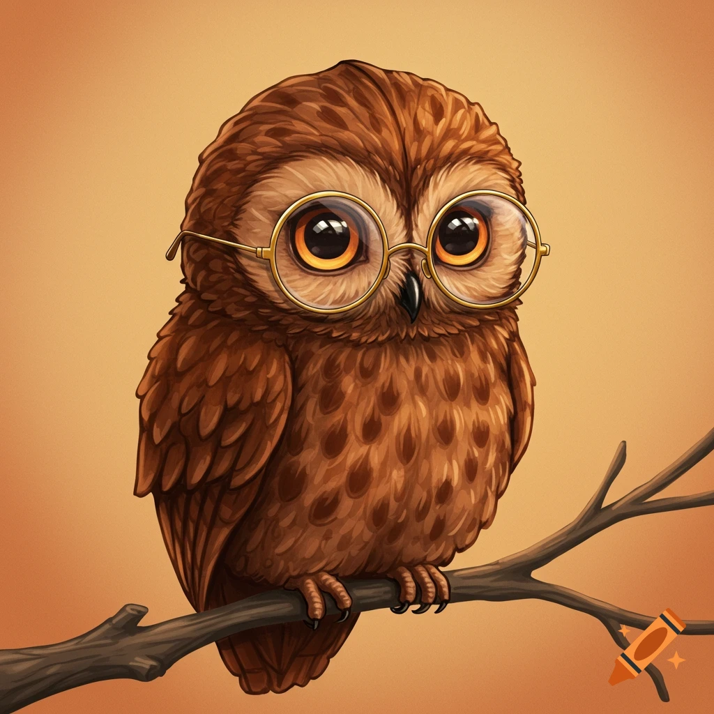 An illustrated cute owl wearing glasses sits on a branch.