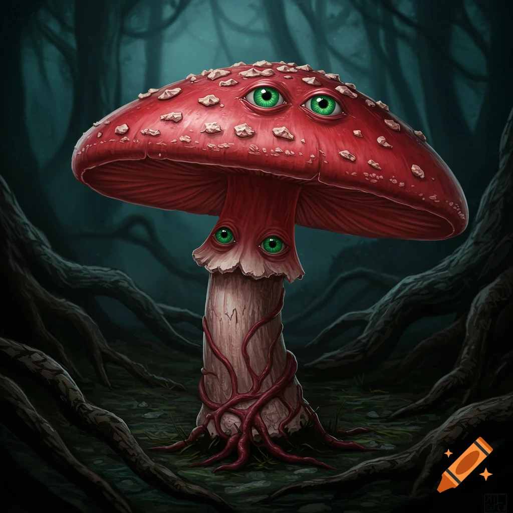 A red mushroom with multiple green eyes stands in a dark forest.