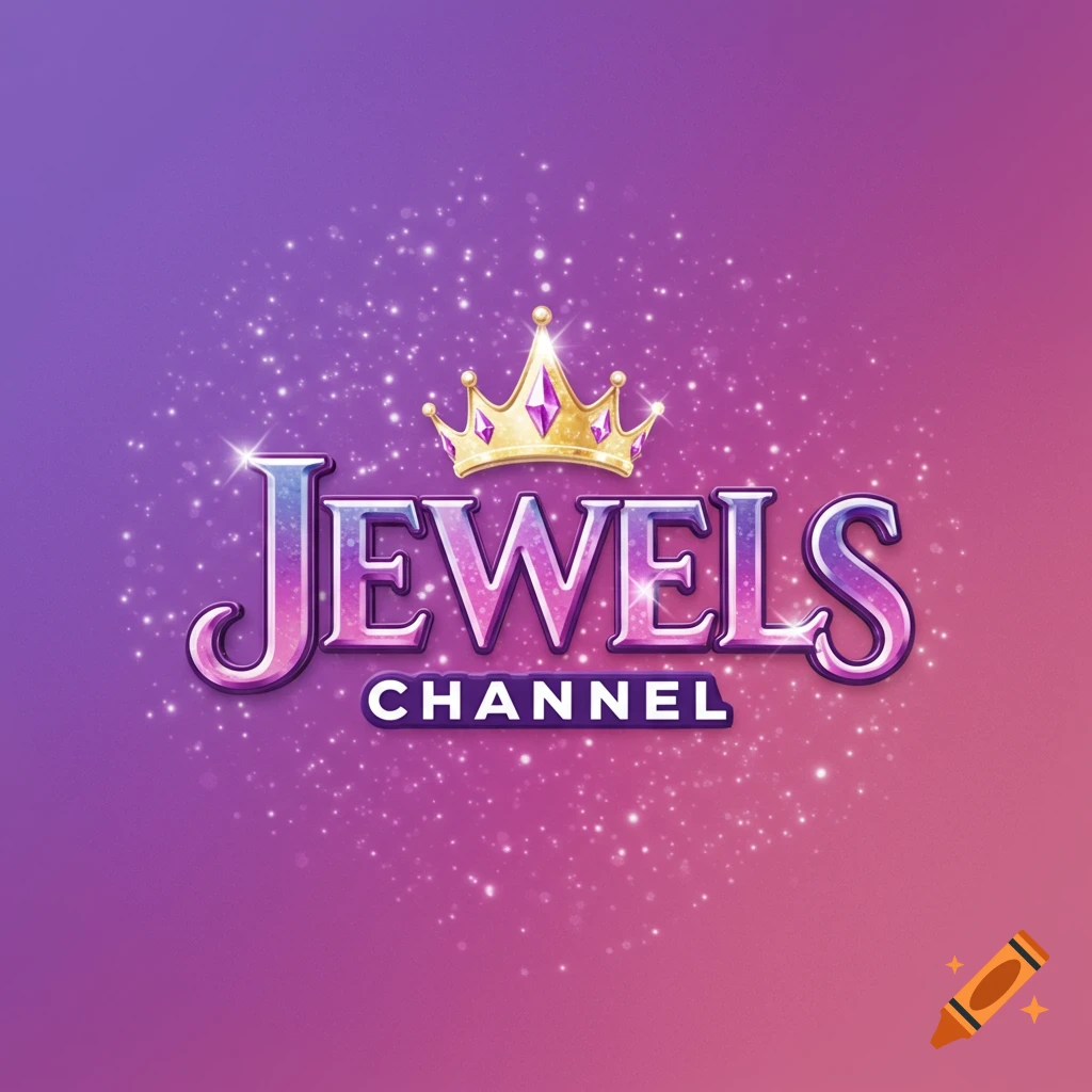 A logo for 'Jewels Channel' featuring purple and pink text, a golden crown, and sparkles on a gradient background.