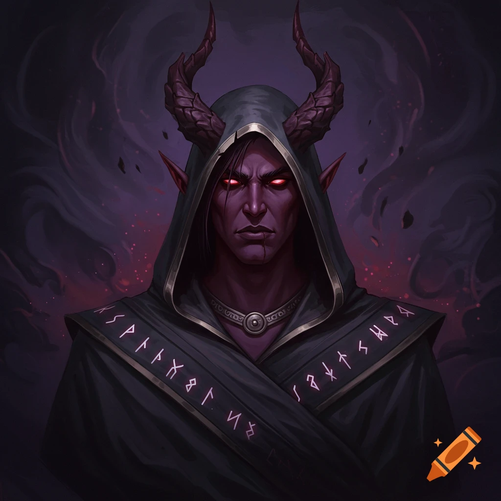A dark-skinned fantasy character with red eyes, horns, and a hooded robe with glowing symbols.