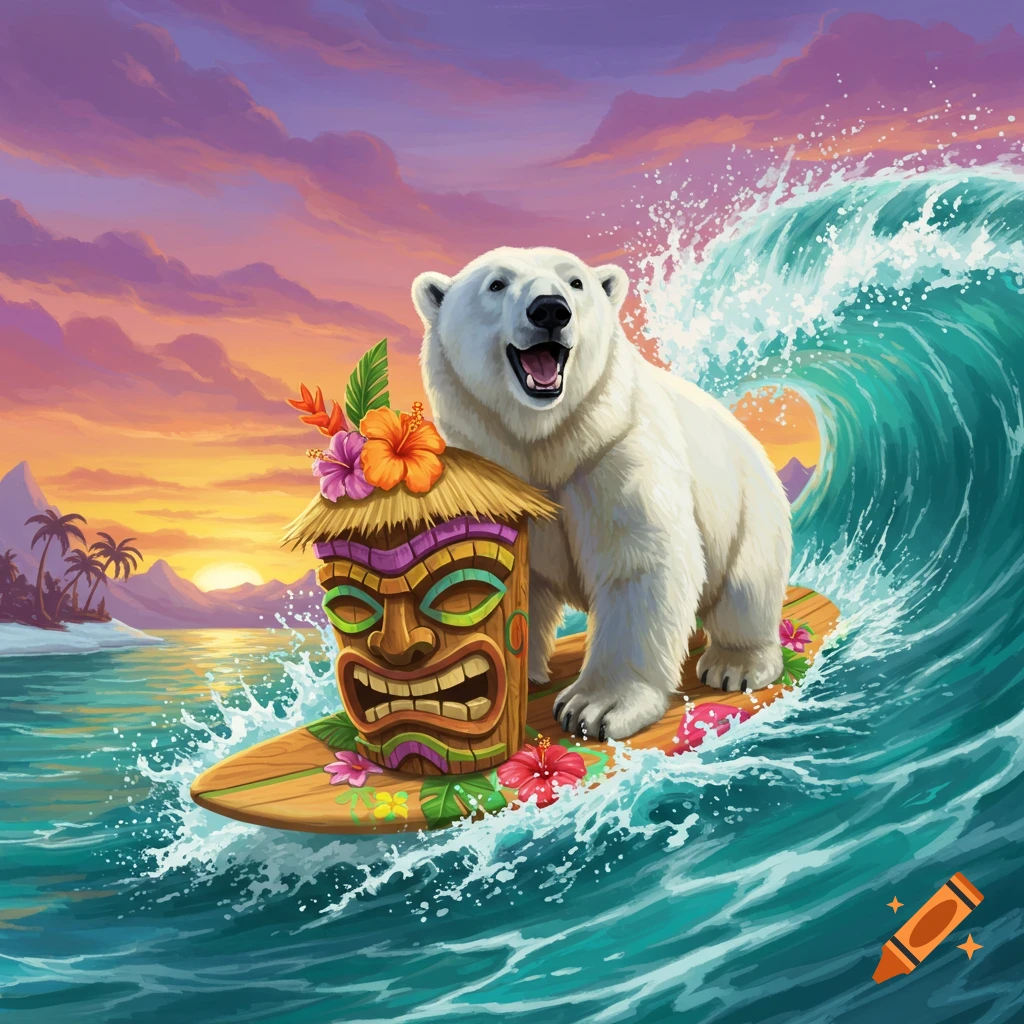 A happy polar bear surfs a large wave on a surfboard with a colorful tiki mask at sunset.