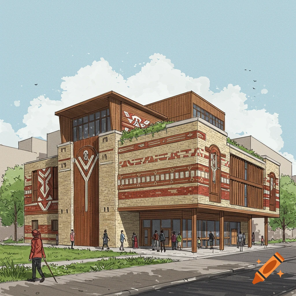 Illustration of a building with brick and wood textures and geometric patterns, with people outside.