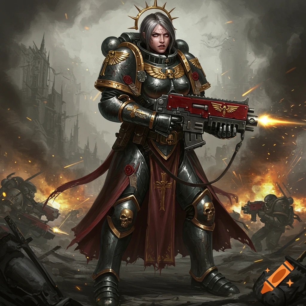 An illustration of a Warhammer 40k Sister of Battle in power armor holding a bolter on a ruined battlefield.