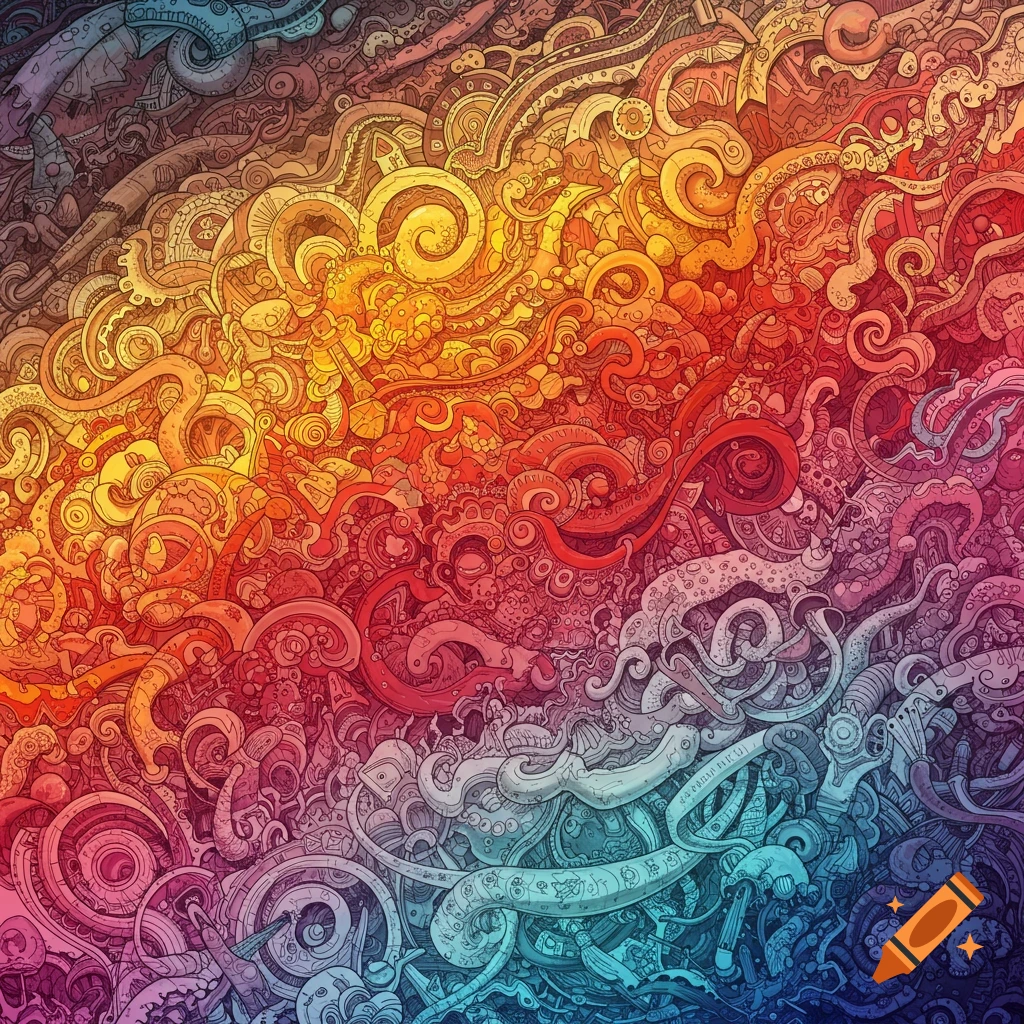 Intricate abstract pattern in a vibrant gradient from brown/yellow/orange to red/pink/purple/blue, resembling twisting tentacles, roots, or biological forms with detailed line work.