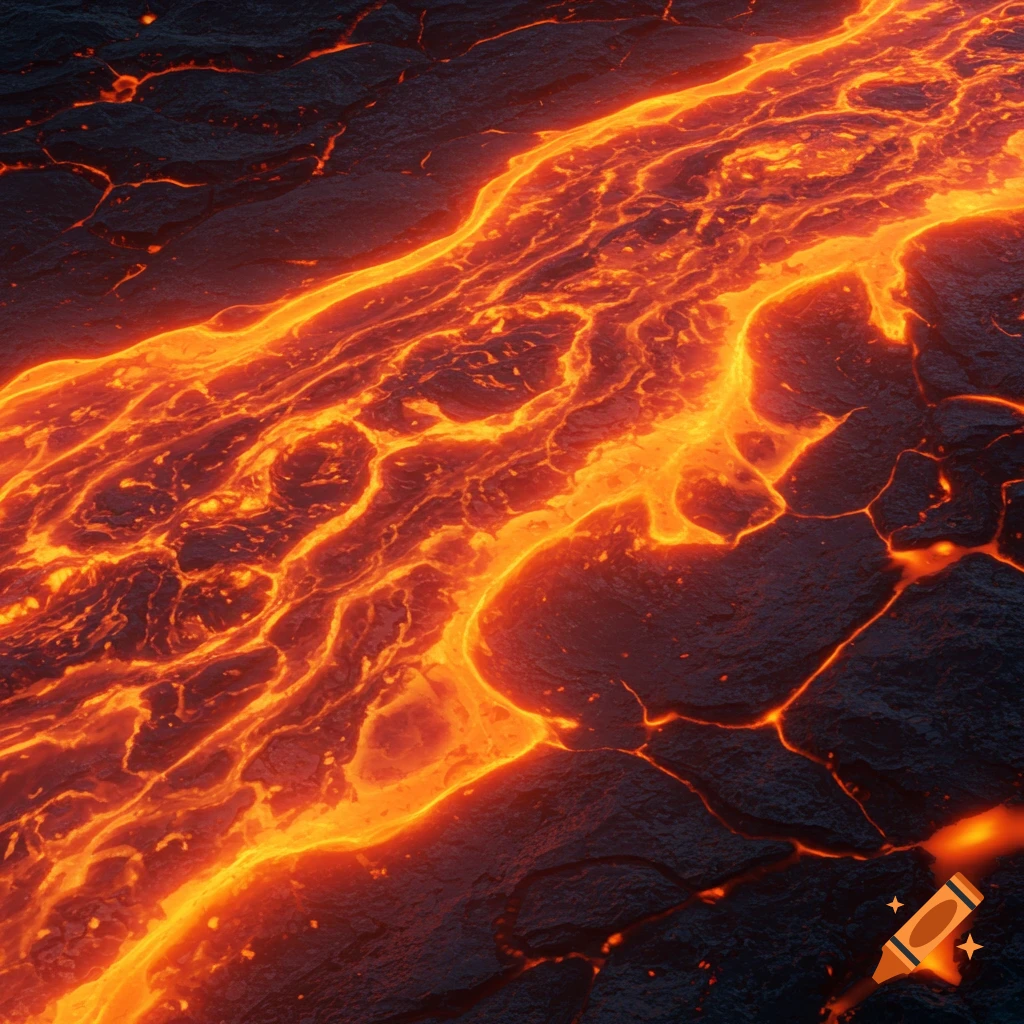 Molten lava flowing over dark rock.