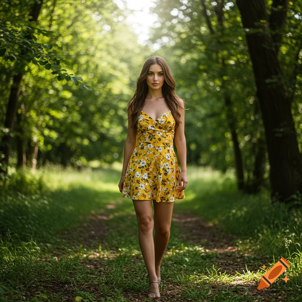 A woman in a yellow floral dress walks on a forest path.