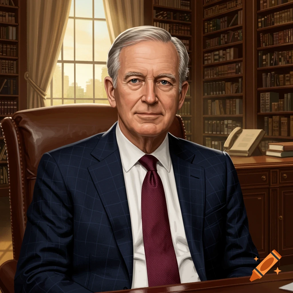 Portrait of an older man in a suit sitting at a desk in a library, looking at the camera.