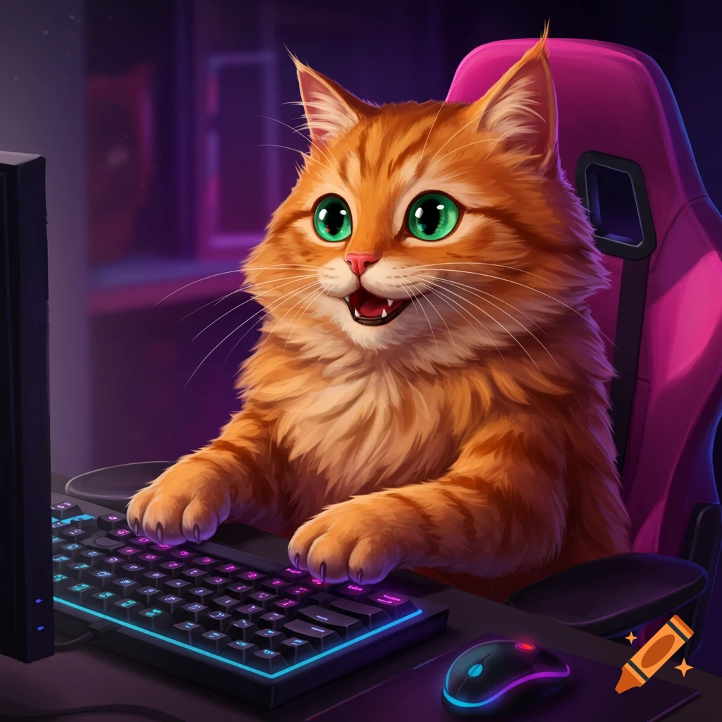 An orange cat wearing headphones sits in a gaming chair playing a