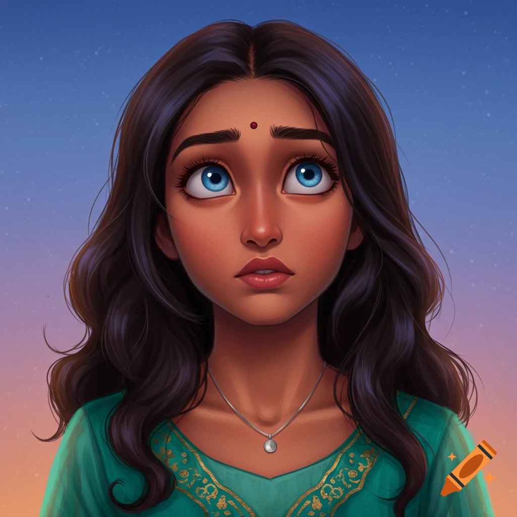 An animated style portrait of a young woman with dark hair, brown skin, and blue eyes looking up at the sky.