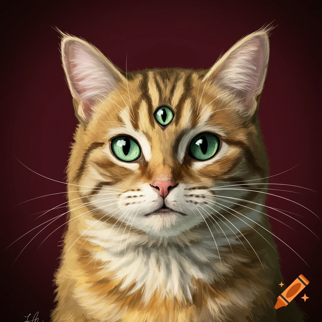Illustration of an orange tabby cat with three green eyes