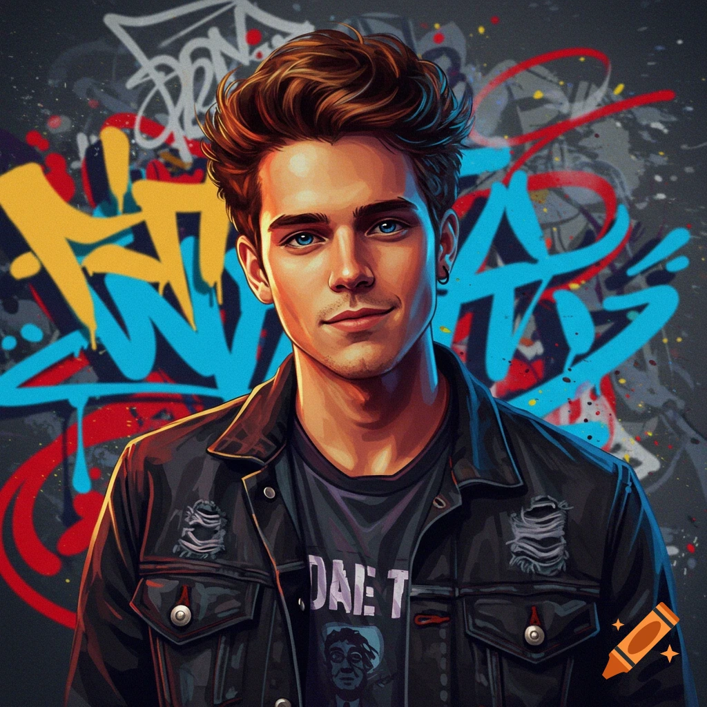Stylized portrait of a young man in a ripped jacket against a colorful graffiti background.