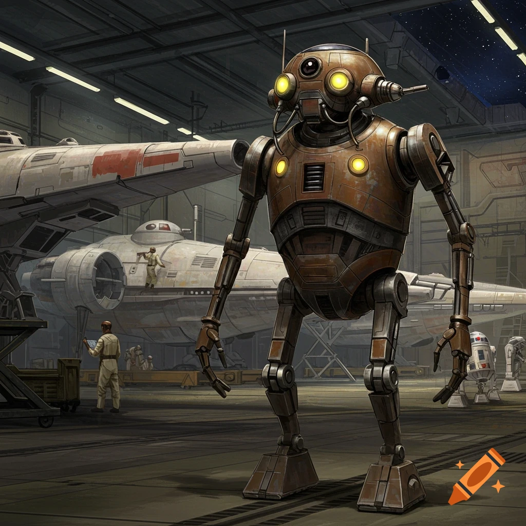 A large, weathered humanoid robot stands in a futuristic hangar with spaceships and people.