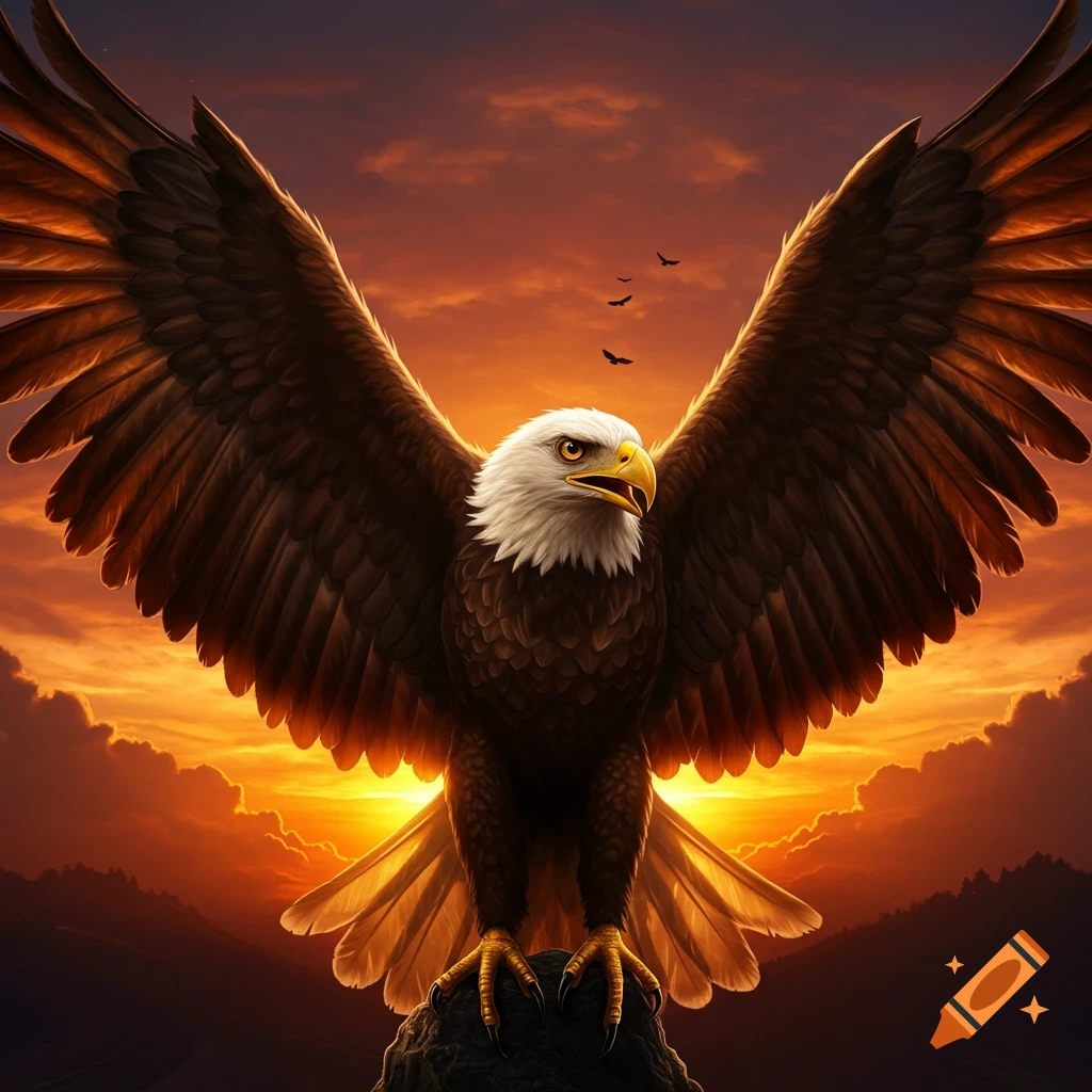 Bald eagle with wings spread, perched on a rock against a dramatic sunset sky.