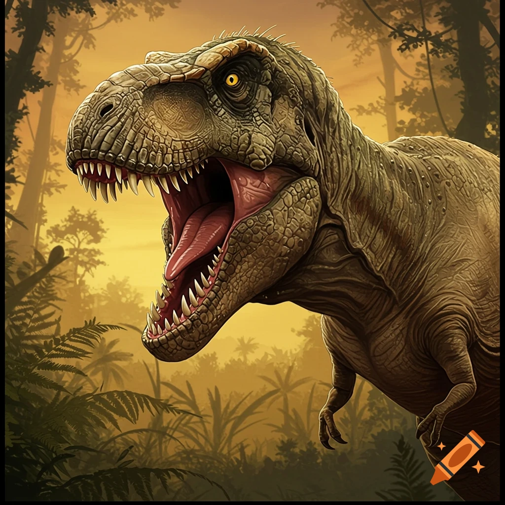 Detailed illustration of a roaring Tyrannosaurus Rex in a prehistoric jungle.