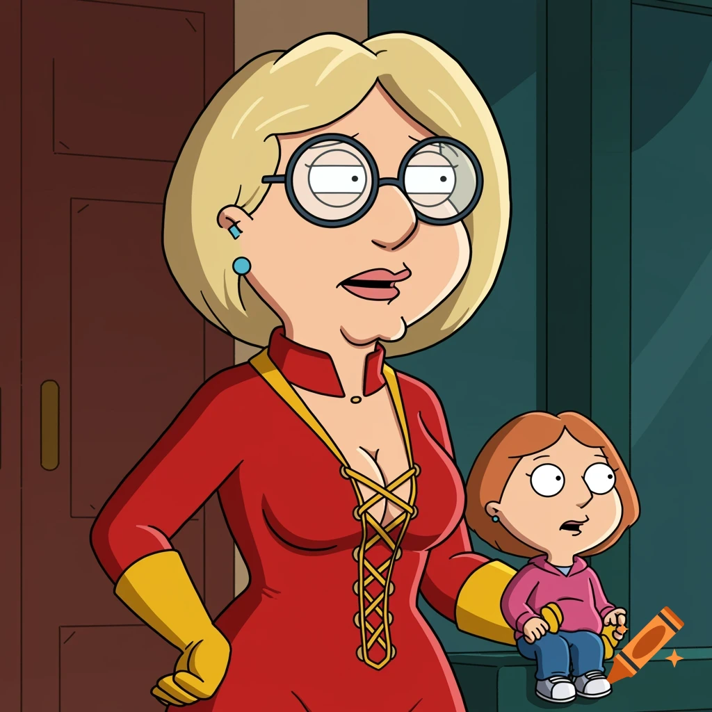 Cartoon characters Babs Pewterschmidt in a red superhero suit and Lois Griffin.