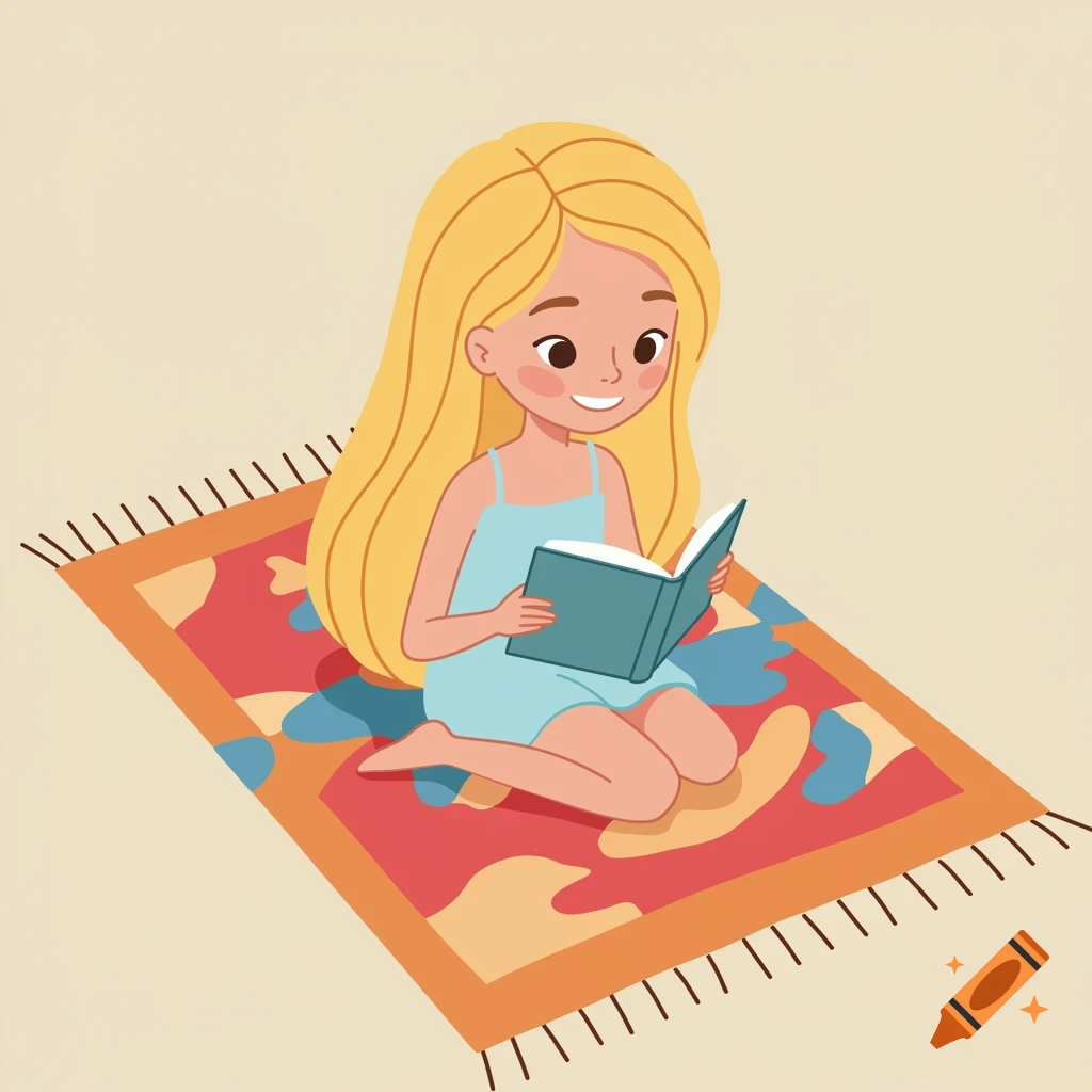 Cartoon girl with blonde hair reading a book while sitting on a patterned rug.