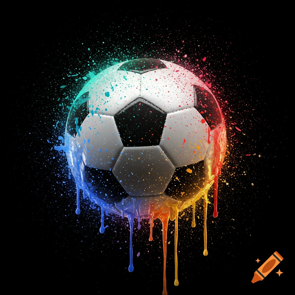 Soccer ball splattered and dripping with colorful paint on black background
