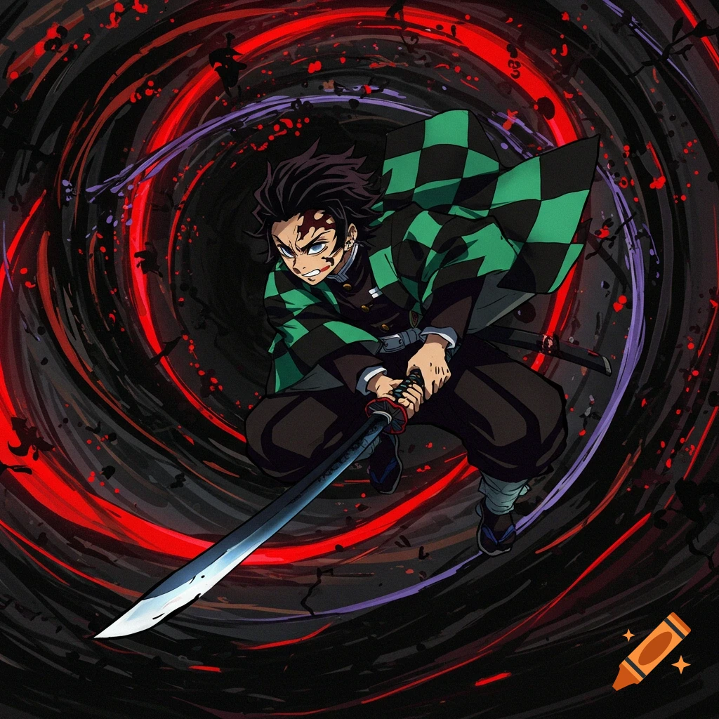 Anime character in a green and black haori with a sword, against a swirling red and black background.