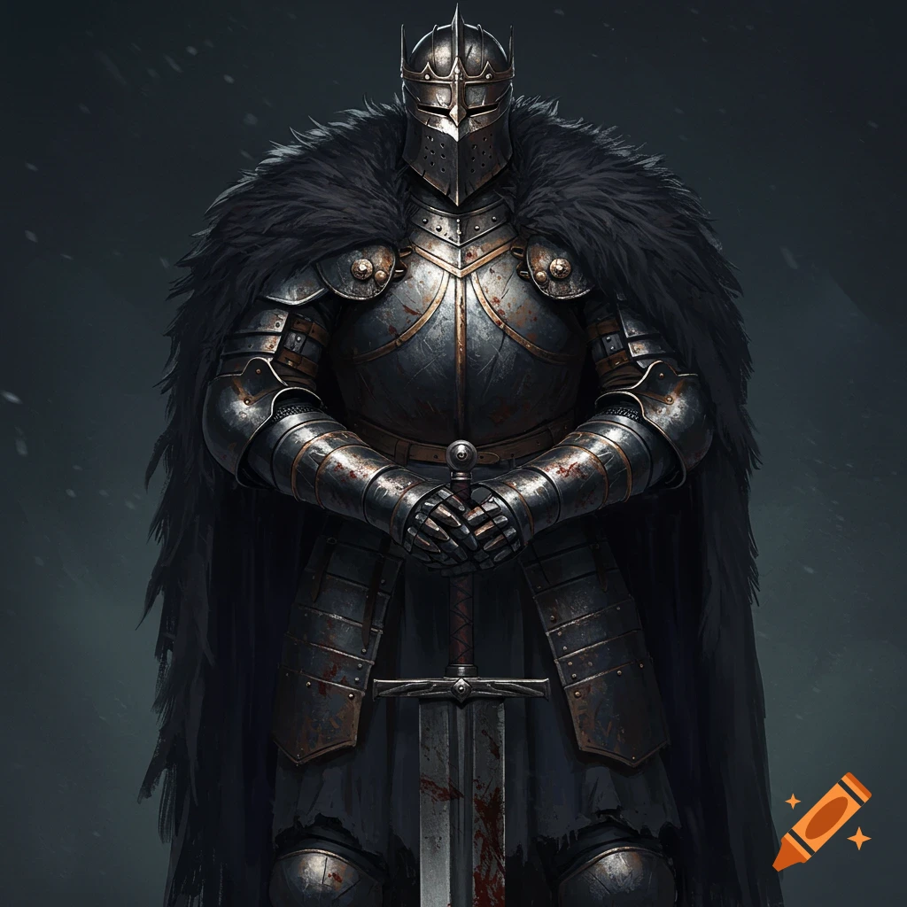 A heavily armored knight with a fur cape stands with hands resting on a large sword.