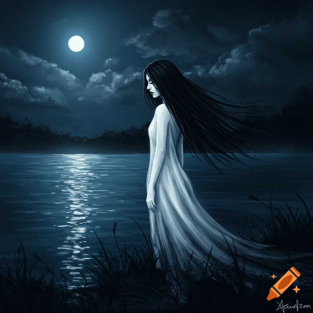 Long-haired woman in white standing by a moonlit lake at night.
